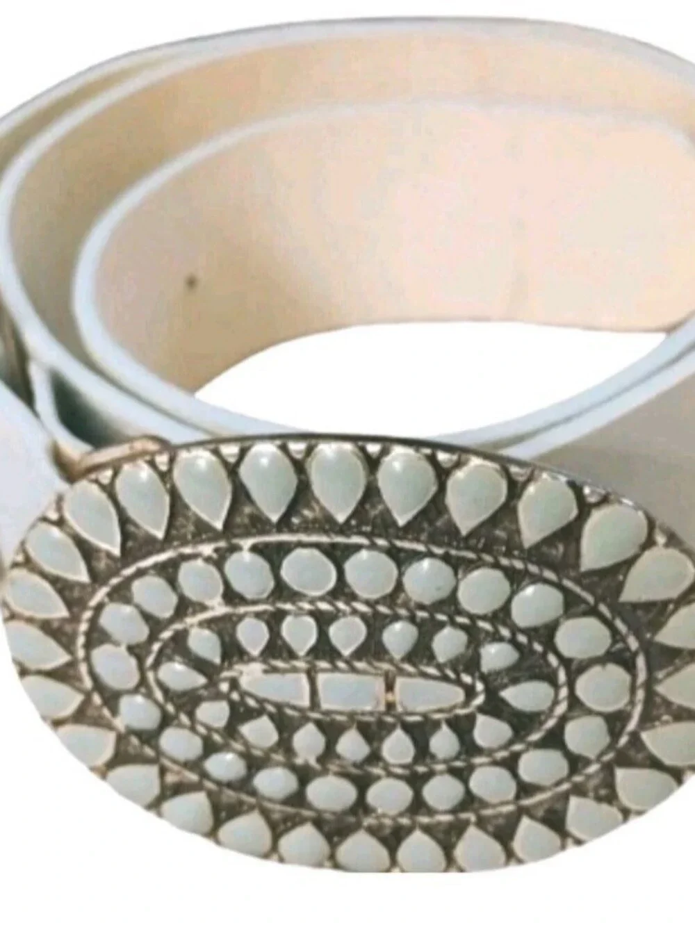 Doncaster Vintage Gray Italian Leather Belt Enamel Statement Buckle Sz 38